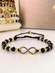 Bratara onix fatetat pe patrat si inox aurit, model infinit