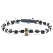 Bratara din onix fatetat pe patrat si inox aurit, model rotund cu zirconii negre